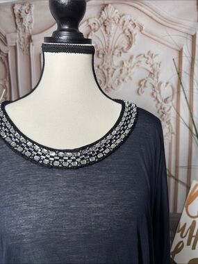 YIGAL AZROUEL- Embellished Scoop Neck Black Top with Crystal Trim